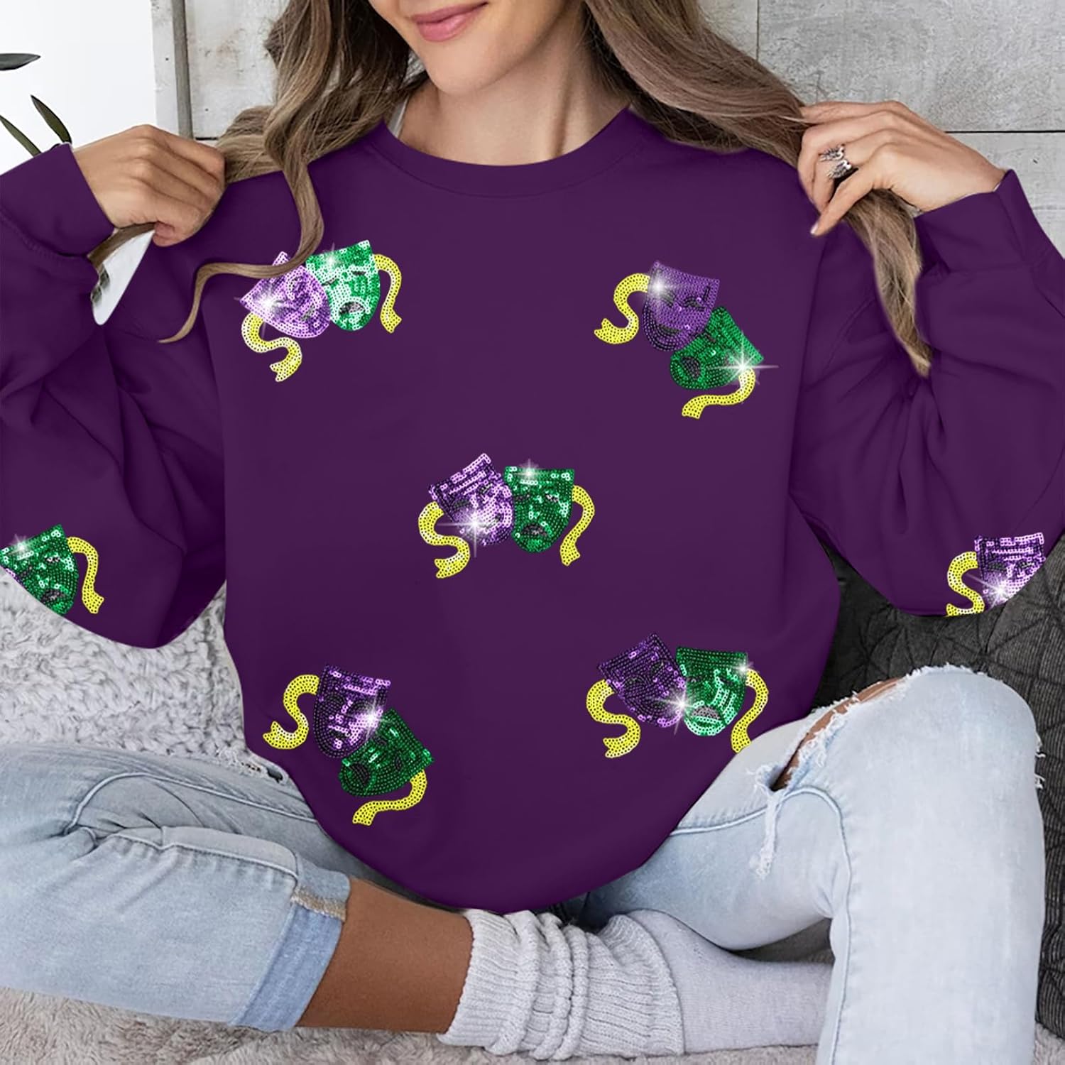 KIDDAD Mardi Gras Sweatshirt for Women Carnival Sequin Crewneck Sweater Mask Graphic Pullover Tops Funny Holiday Shirts - Image 3