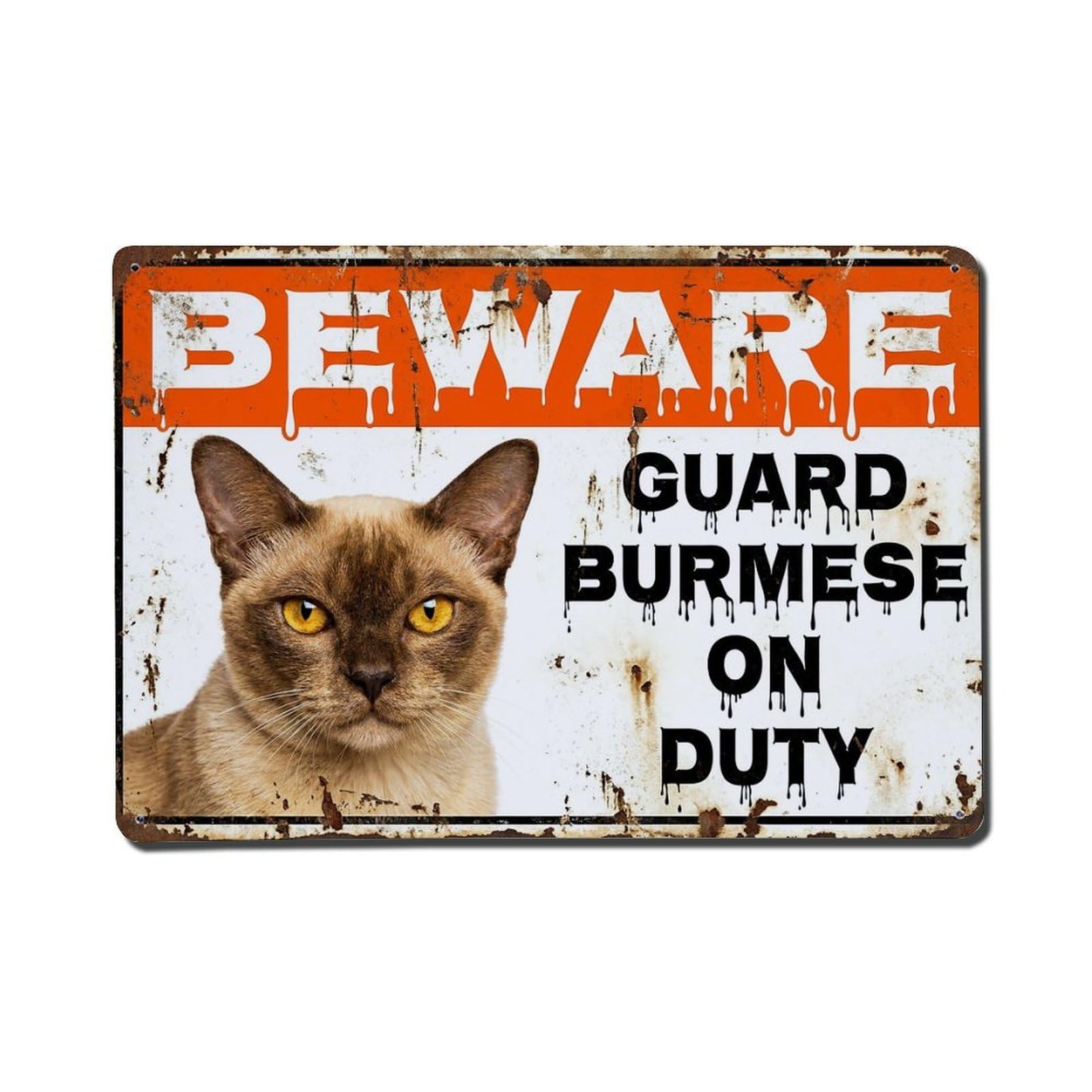 Vintage Funny Burmese Guard Beware of Cat Zone Metal Tin Sign Plaque Wall Decor for Cafe, Club Bar, Office, Garden Metal Poster 8x12Inch
