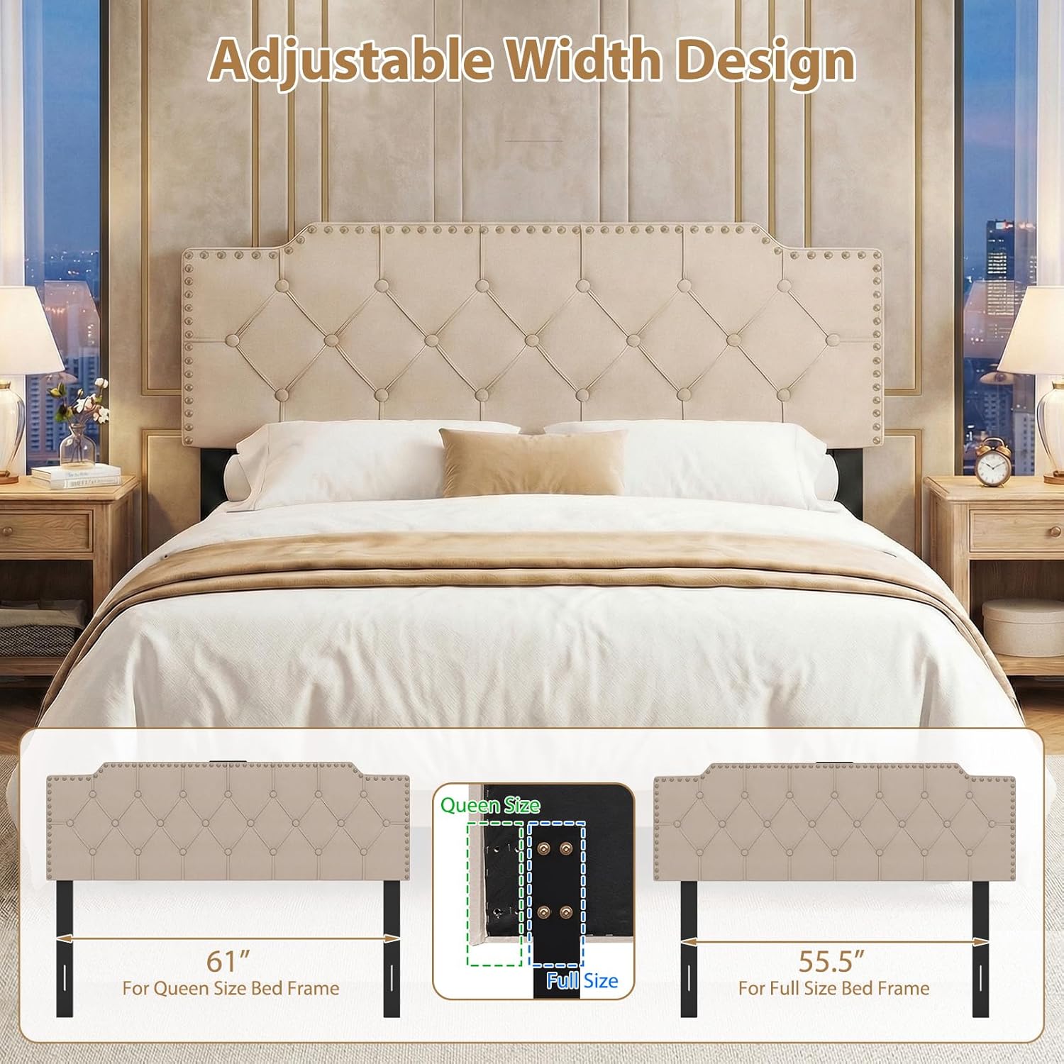 Giantex Headboard with Charging Station, Queen/Full Size Rivet Tufted Upholstered Head Board w/2 AC Outlets, USB & Type-C Ports, Rubber Wood Legs, Width Adjustable Modern Bed Headboard Only (Beige)