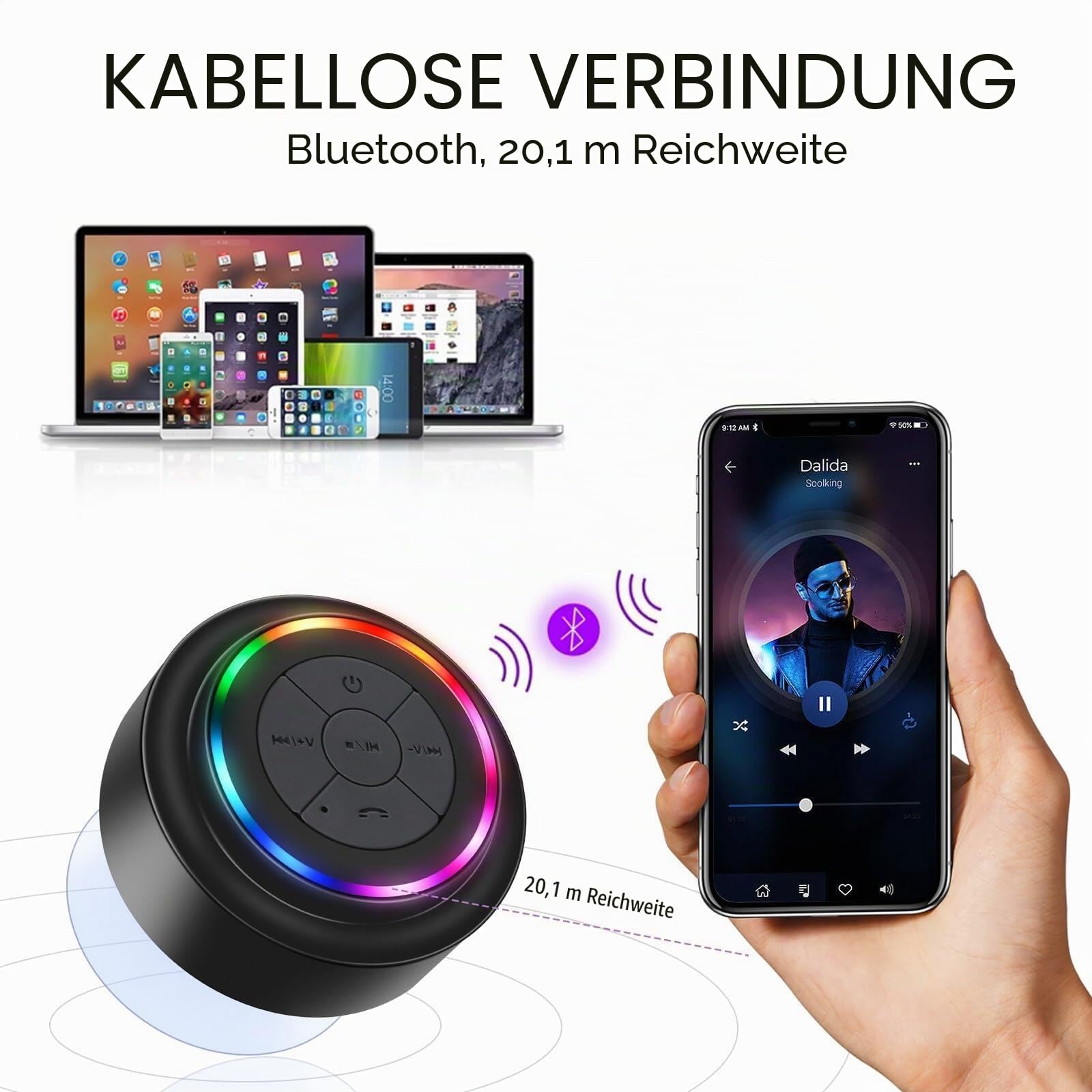 HAISSKY Dusche Bluetooth Lautsprecher,Bluetooth Lautsprecher Wasserdicht Tragbarer kabelloser Outdoor Mit Saugnapf,RGB Lichter, Shower Speaker für iPhone Tablet Strand Camping Geschenke