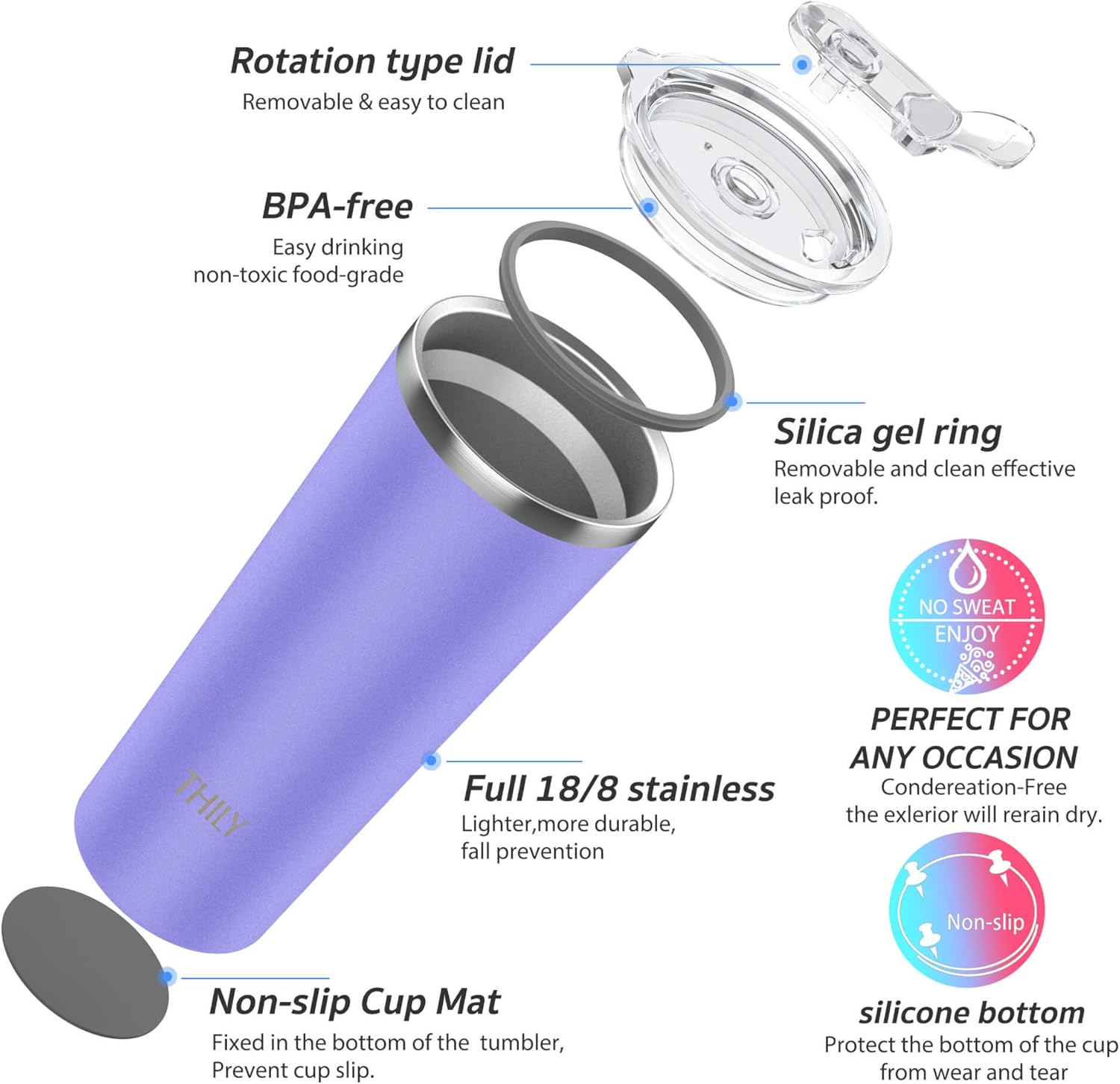 THILY Tumbler Stainless Steel Travel Mug 780 ml Triple-Insulated Coffee Cup with 2 Lids and Straws, Reusable, Powder Coated - Image 5
