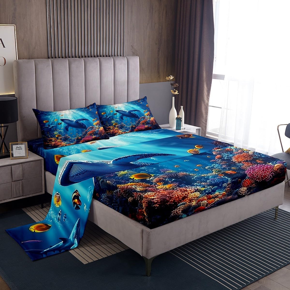 jejeloiu Ocean Fitted Sheet Twin Size Kids Whale Bedding Set for Boys Girls Teens Iron Blue Bed Sheets Set Breathable Soft Lightweight