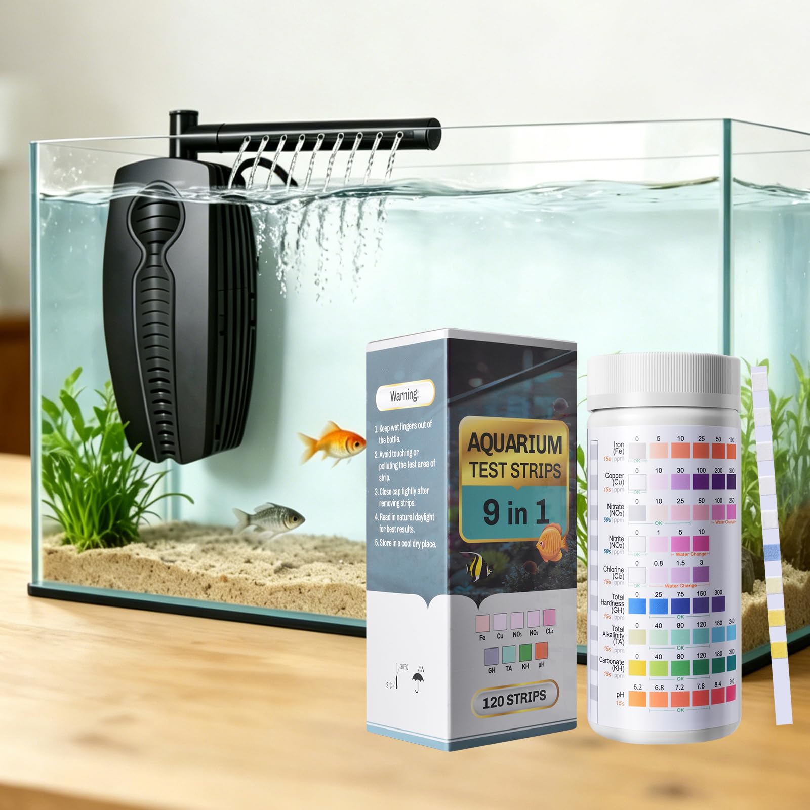 Bandelettes de test aquarium 9 en 1 et filtre submersible 600L/H pour eau douce et mer