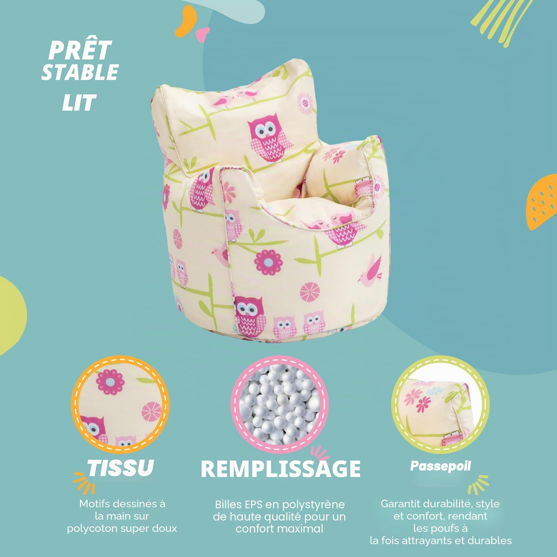 Ready Steady Bed Pouf pour enfant confortable ergonomique doux et sûr Motifs chouettes