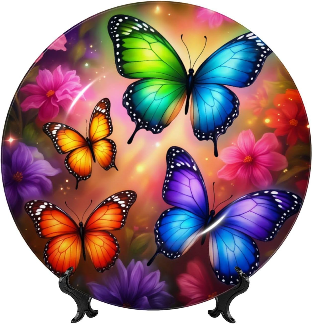 Colorful Butterfly Garden Style Ceramic Plate Display Decorative Plate With Stand Wall Hanging Plate For Home Decor 10 Inch