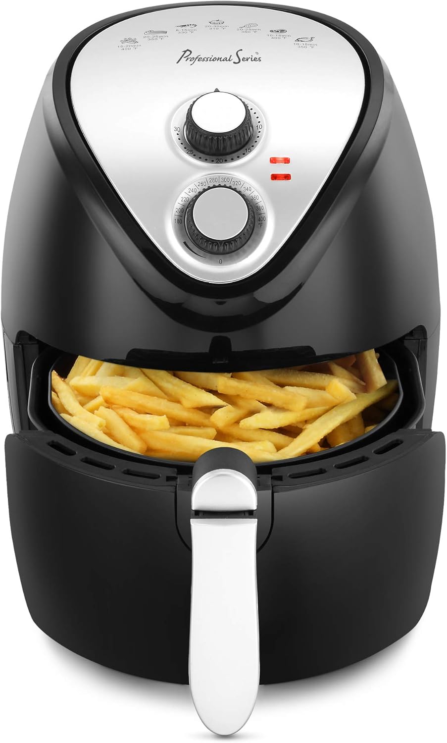 Air fryer basket partially pulled out, showing cooked french fries