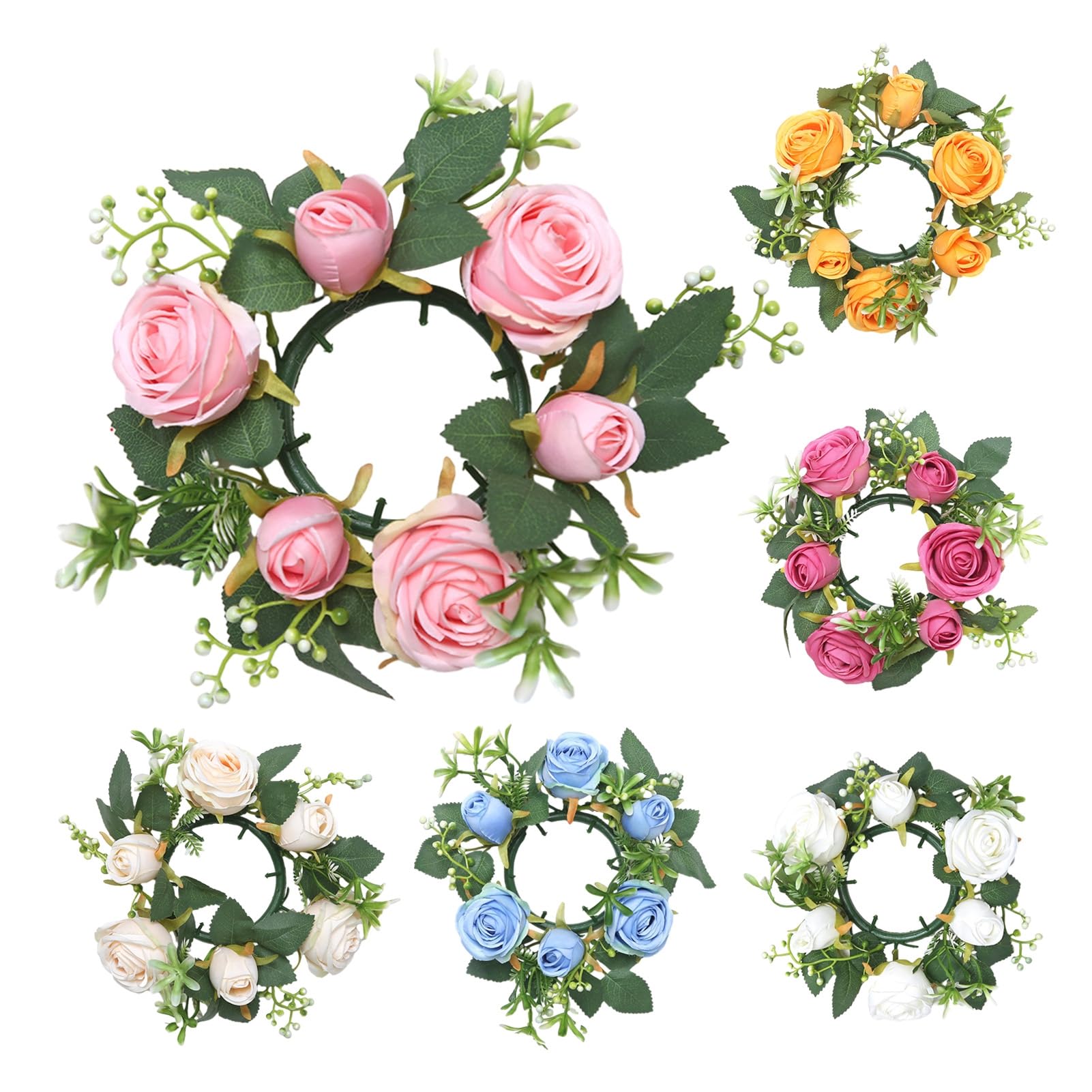 Quoravel Artificial Rose Candle Ring, Mini Faux Floral Wreath, Wedding Table Centerpiece Decor Pink