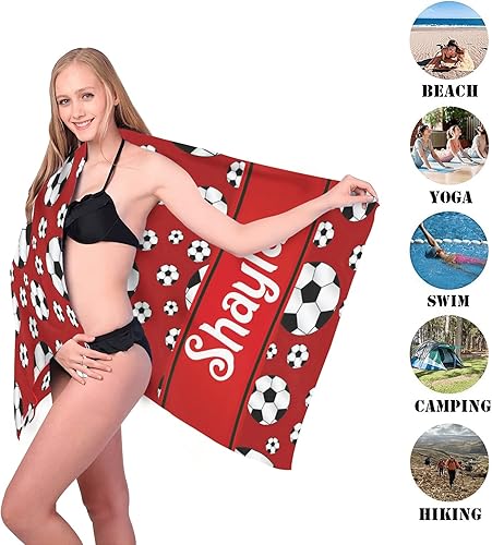 Miniatura 3 de Toalla de playa roja personalizada con diseño de pelotas de fútbol divertidas, 2 lados impresos, para baloncesto, campamento, senderismo, 30 x 60