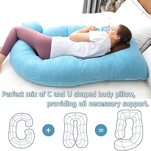 Miniatura 23 de MOON PINE Almohada de embarazo, almohada de cuerpo completo en forma de U para apoyo de maternidad, almohada de dormir con funda para mujeres Azul