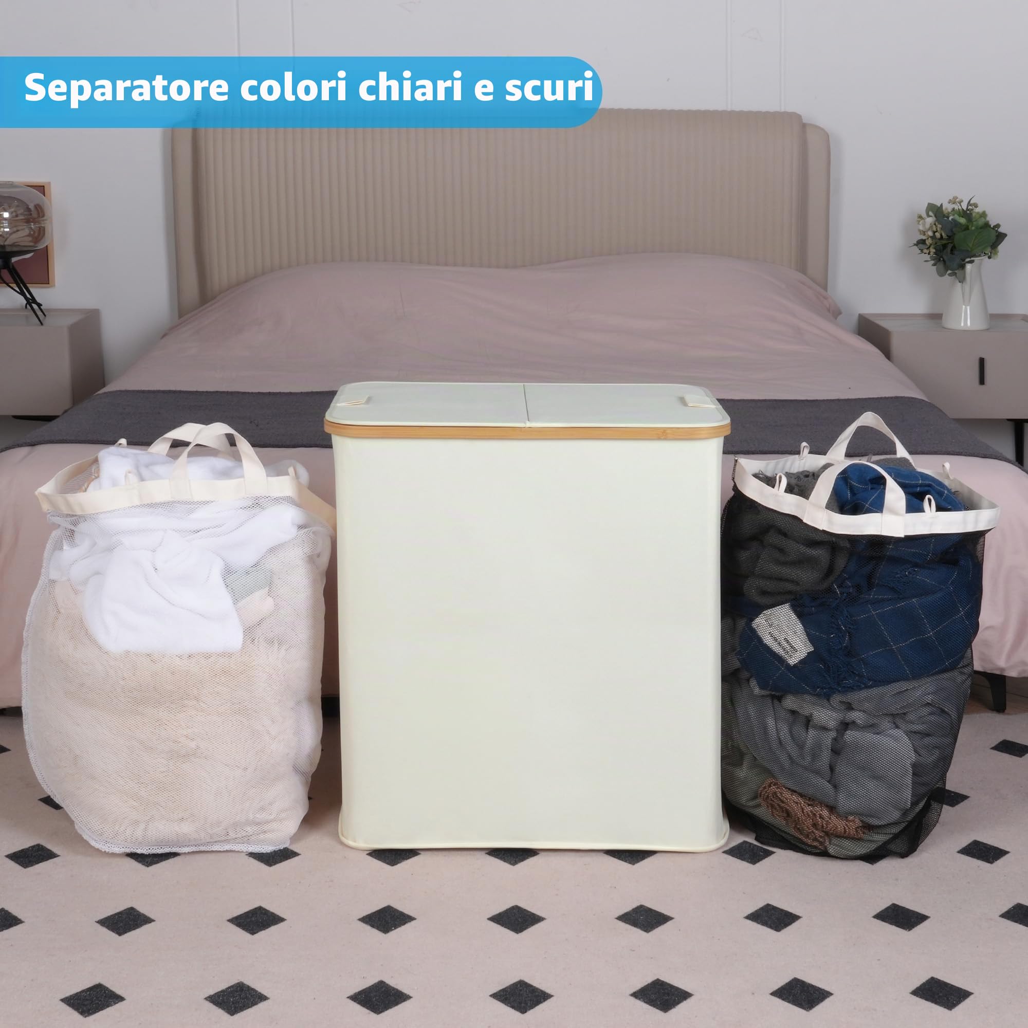 efluky Cesto portabiancheria da 140 l, con coperchio, 2 scomparti, grande cesto portabiancheria per biancheria, doppio cesto portabiancheria con 2 sacchetti rimovibili, Beige