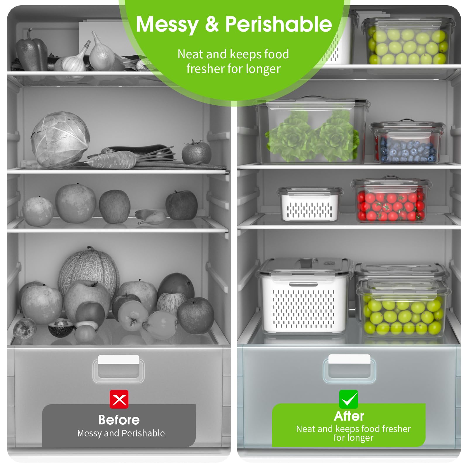 Recipientes de almacenamiento de frutas para refrigerador, 5 tamaños de bayas, para refrigerador, mantiene fresco con coladores y tapas de mango de ventilación, recipientes transparentes de 7