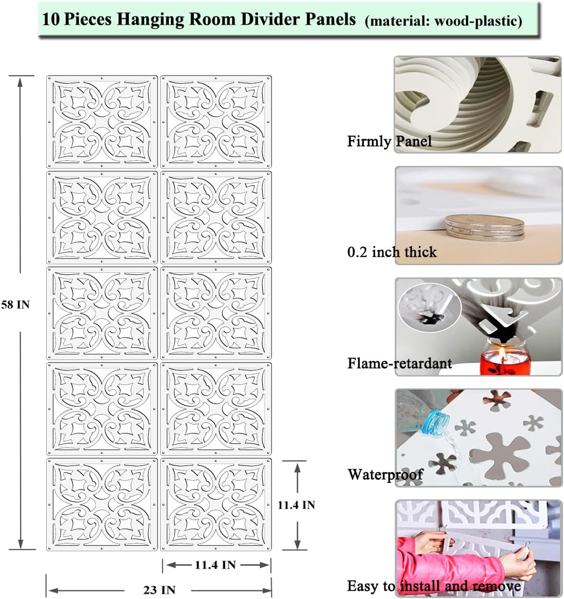 Hanging Room Divider Panels,10 Pieces Wood-Plastic Screen Panels Wall Divider Partition Home Office Decoration (White07)