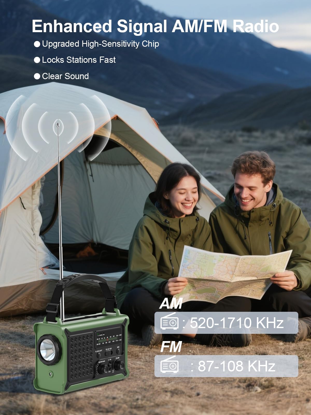 ROCAM Radio Solar de Emergencia con Manivela 12000mAh, Transistor Portátil Am/FM con Dinamo 650mA y Panel Solar 8500mm², Linterna LED, Luz de Lectura, USB, Alarma SOS – para Camping y Cortes de Luz
