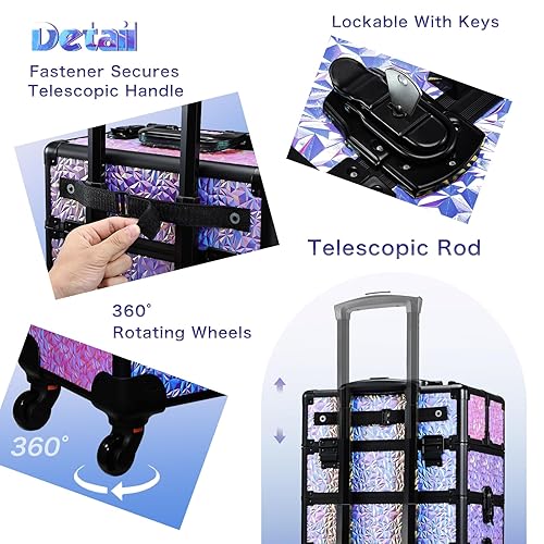 Vista 43 de Stagiant Estuche de tren de maquillaje rodante, estuche de cosmetología con ruedas, 4 en 1, estuche de cosméticos grande con ruedas, estuche