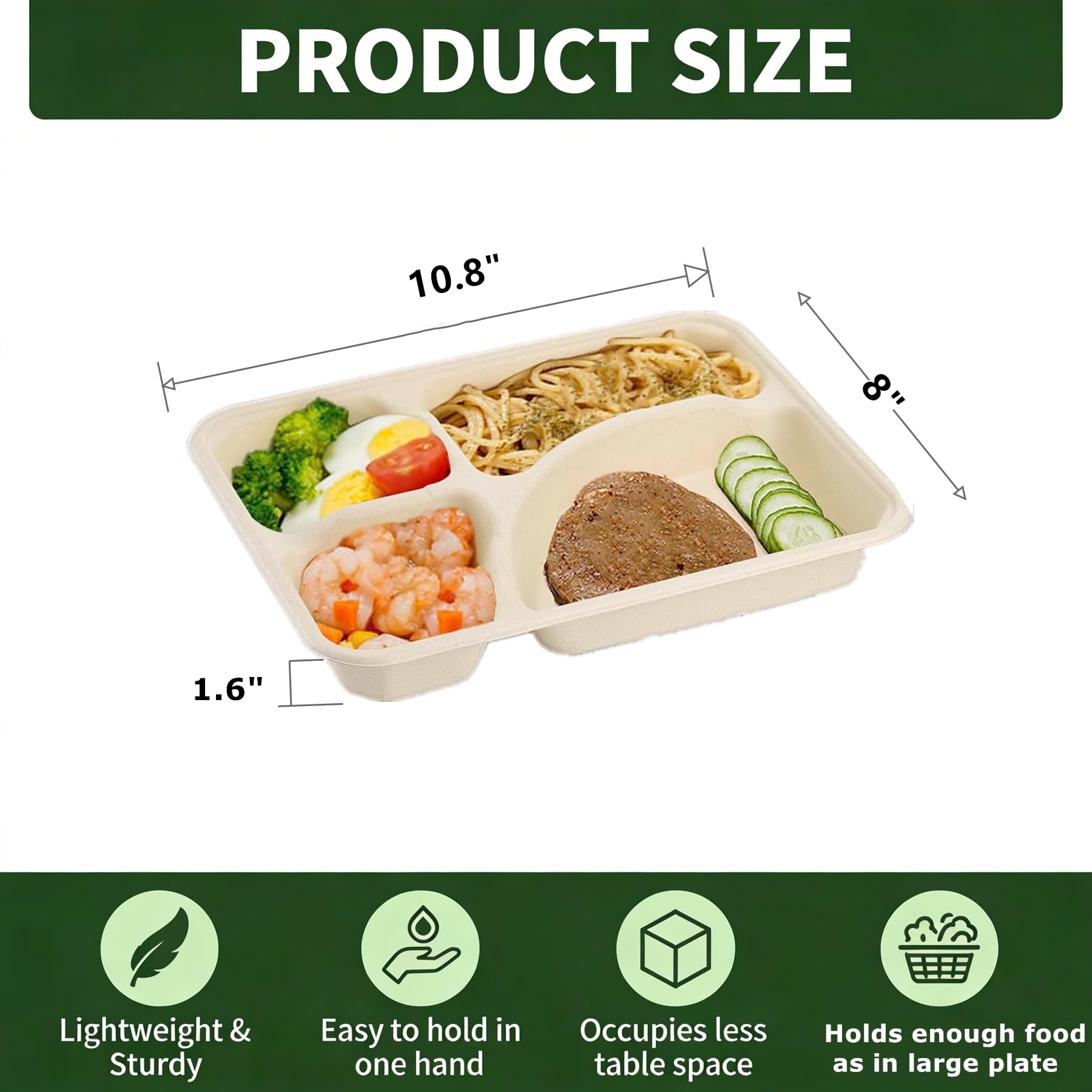 Paquete de 50 platos de papel compostables, plato de compartimento de caña de azúcar resistente, bandeja dividida apta para microondas para adultos, para preparación de comidas, bufés