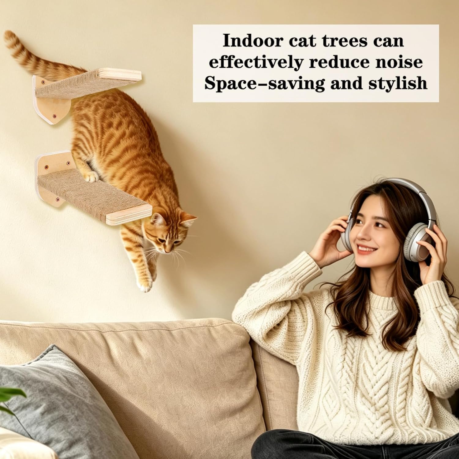 2 Set 3-in-1 Wall-Mounted Jute Cord Cat Steps Wooden Cats Wall Stair Shelf Rectangle Cat Climbing Steps with Hemp Rope Covered for Indoor Cats Climbing Playing Scratching