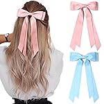 2PCS Silky Satin Hair Bows Hair Clip Pink Blue Hair Ribbon Ponytail Holder Accessories Slides Metal Clips Hair Bow for Women Girls Toddlers Teens Kids