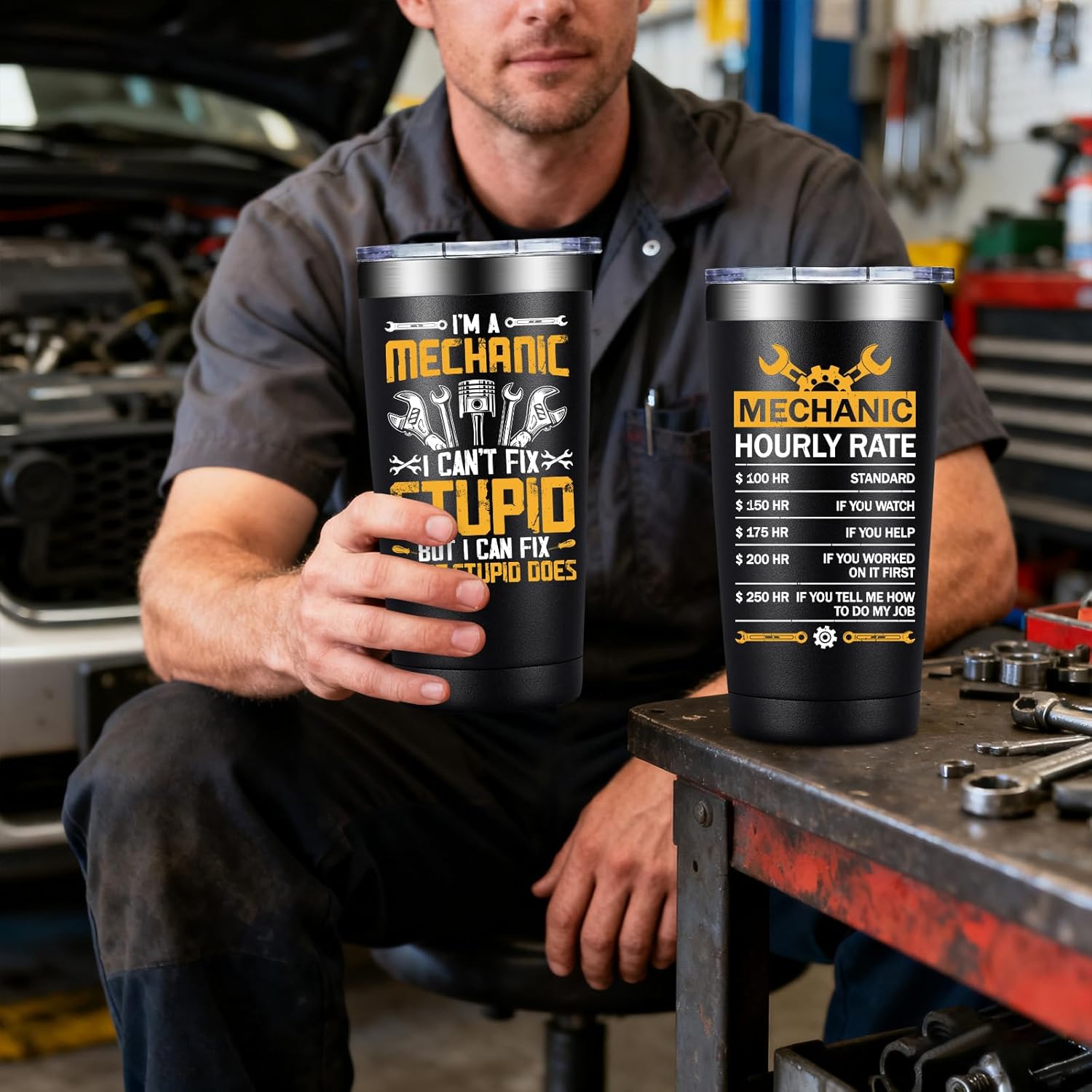 SpenMeta Mechanic Gifts for Men - Christmas, Fathers Day, Birthday Gifts for Mechanics - I'm a Mechanic I Can't Fix Stupid Tumbler Cup 20oz - Image 3