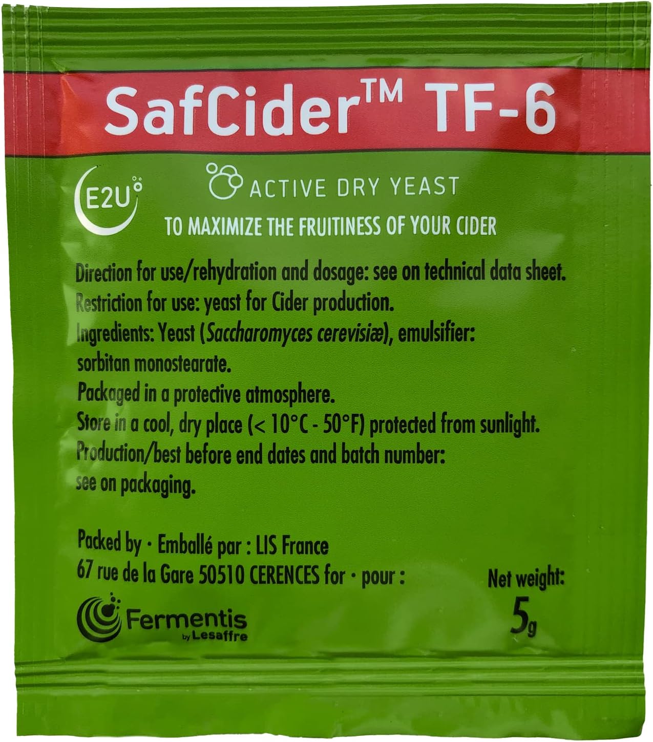 Fermentis SafCider Active Dry Cider Yeast TF-6-5 Grams - with Freshness Guarantee