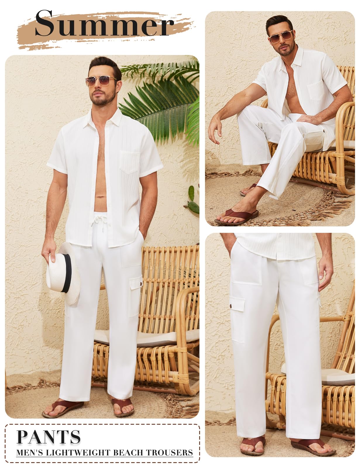 Voqeen Pantaloni Lino Uomo Estivi Pantalaccio Uomo Estivo Casual Pantaloni Elasticizzati in Vita con Tasche Cargo Pantalone di Lino Leggeri da Spiaggia Larghi
