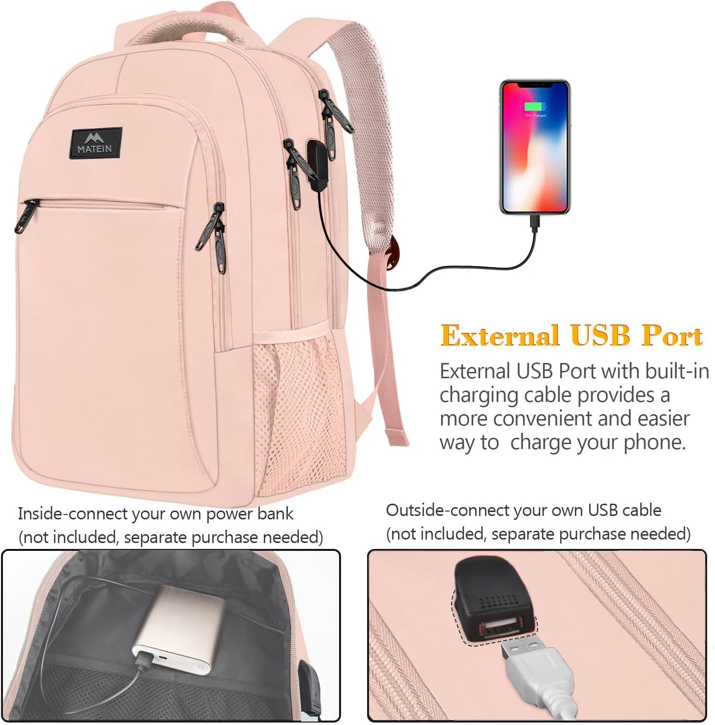 MATEIN 15.6 inch Laptop Backpack, Cute Slim Computer Travel Backpack with USB Port, Carry On Casual Daypack Bag Gifts for Women Teacher Nurse, Pink - Image 3