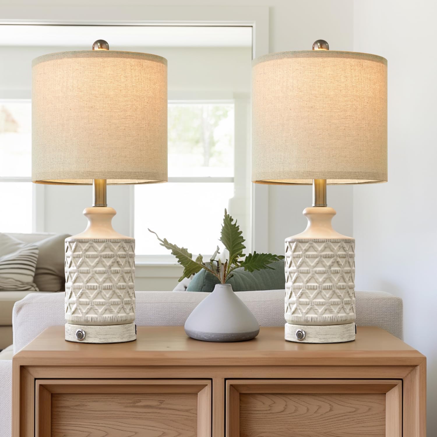 PoKat Farmhouse 20" Ceramic Table Lamp Set Of 2 – 3-Way Dimmable Touch, White, With 2 USB Ports, Bulbs Included, For Bedside, Living Room, Nightstand