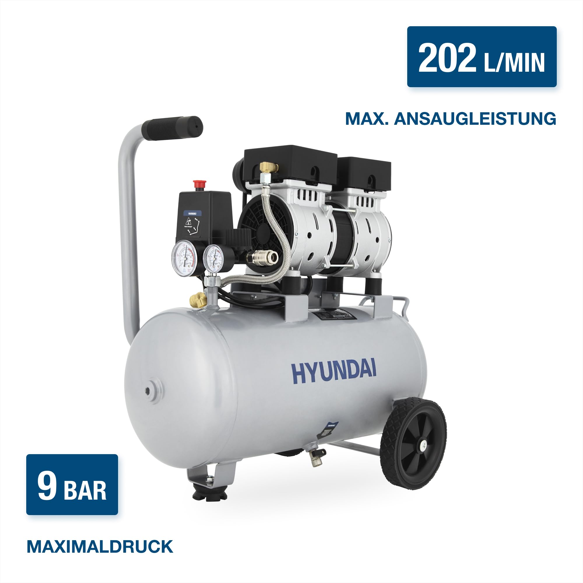 HYUNDAI Silent Kompressor SAC15024 SET | 24L Kessel | 1.5kW (2PS), 9bar | 202 L/Min Ansaugleistung | Luftkompressor leise, ölfrei | 1 Anschluss | geräuscharmer Flüsterkompressor | mit Zubehör