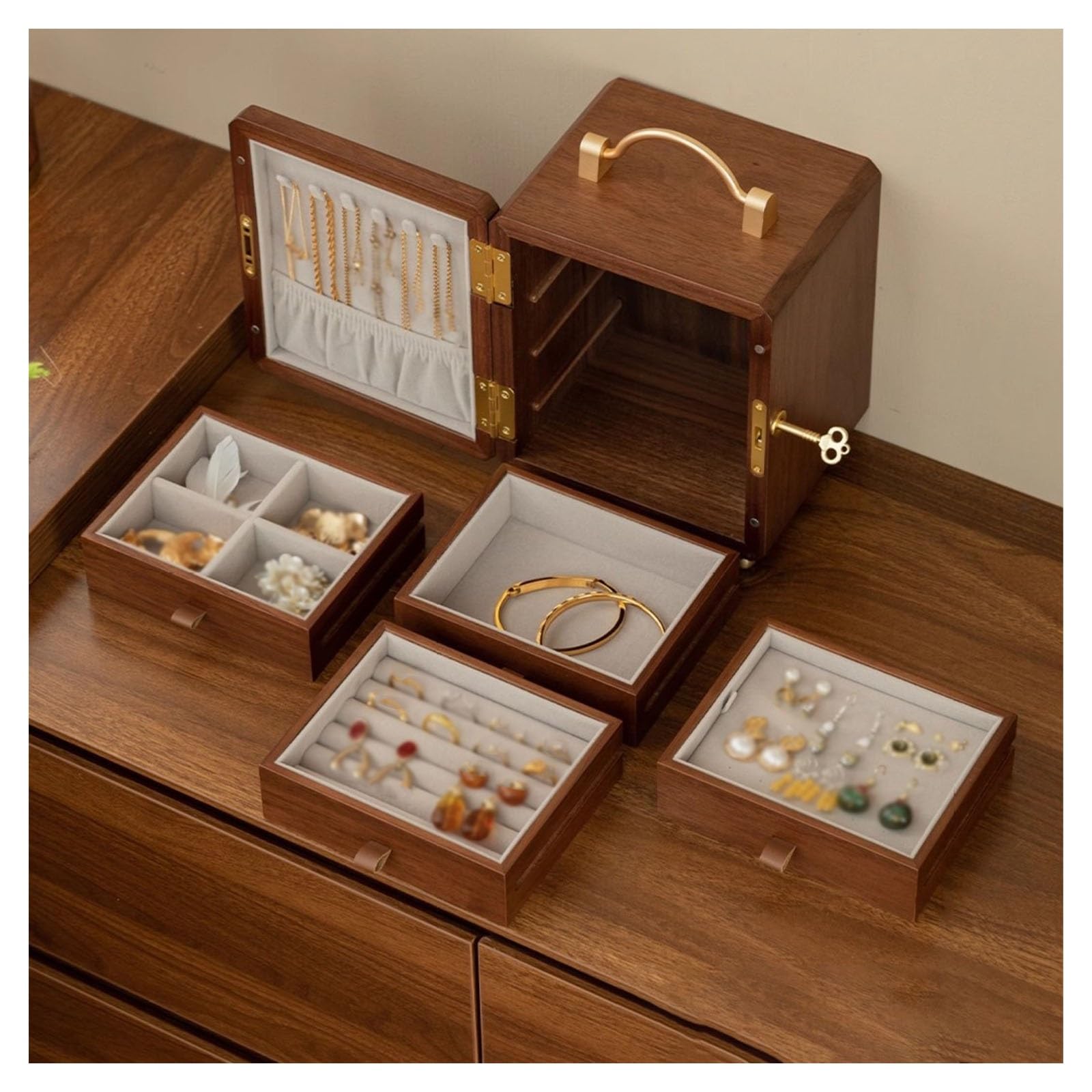 Pudełko na biżuterię z 4 szufladami, zamykany, drewniany organizer do przechowywania pierścionków, kolczyków, bransoletek, aksamitnych przegródek, vintage design na akcesoria kosmetyczne