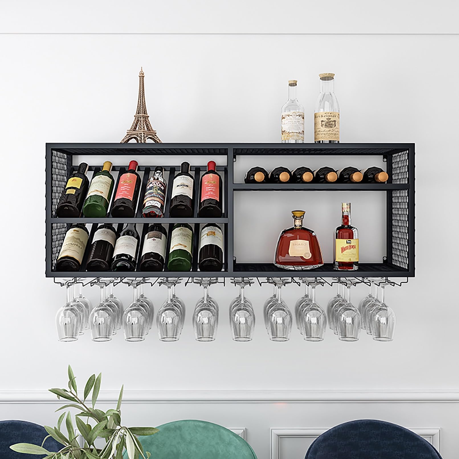 Botellero Pared Para Botellas, Botellero De Hierro De Estilo Industrial, Enfriador De Vino Metálico, Botellero Colgante Con Soporte De Cristal, Estante Multifuncional Champán De Hierro ( Color : Black