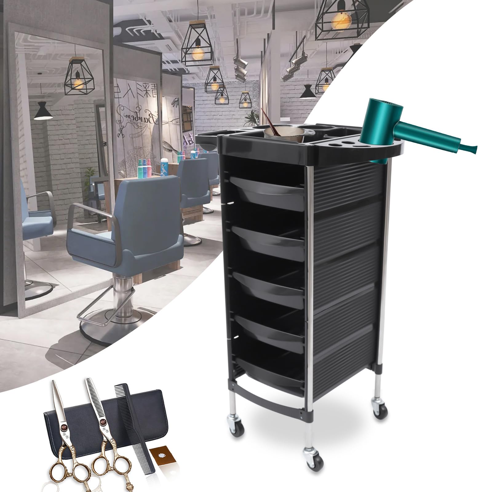 Parrucchiere Carrello da lavoro 6 piani Parrucchiere Carrello portaoggetti con ruote 5 cassetti Salone Carrello per Salone di bellezza nero