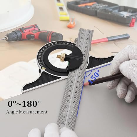 Adjustable Sliding Combination Square Ruler Horizontal Square Multi-Function Carpentry Squares Right 90 Degree Angle Rulers Protractor Level Measuring Set Woodworking Tools Inch/Metric(12/30cm)