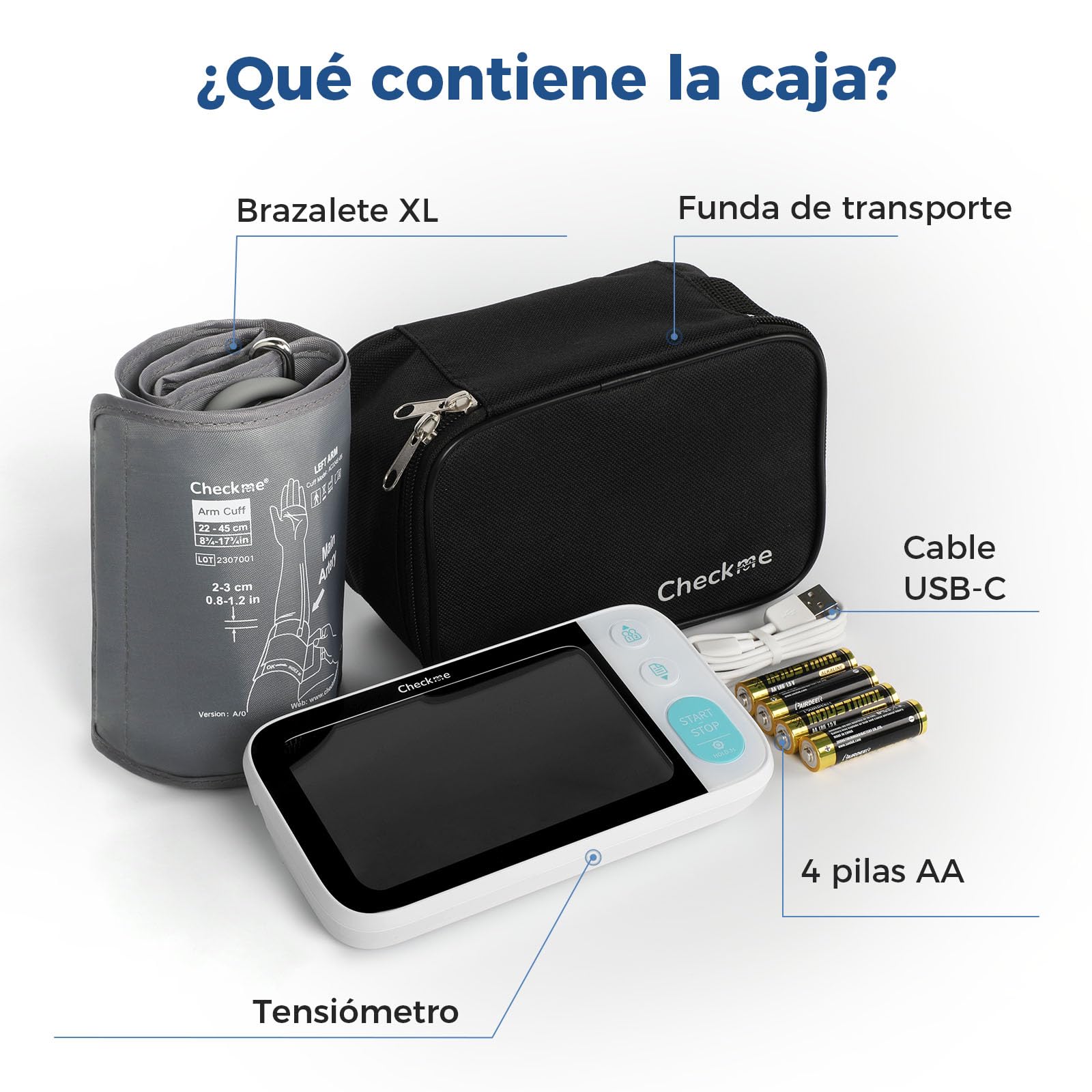 CheckMe Tensiómetro de Brazo con Pantalla Grande para Resultados Comparables, Tensiómetro Bluetooth con Detección de Arritmias, También para Embarazadas y Diabéticos, 22-45cm