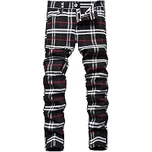 Men's Stretch Slim Fit Flat-Front Casual Skinny Chinos Plaid Dress Pants