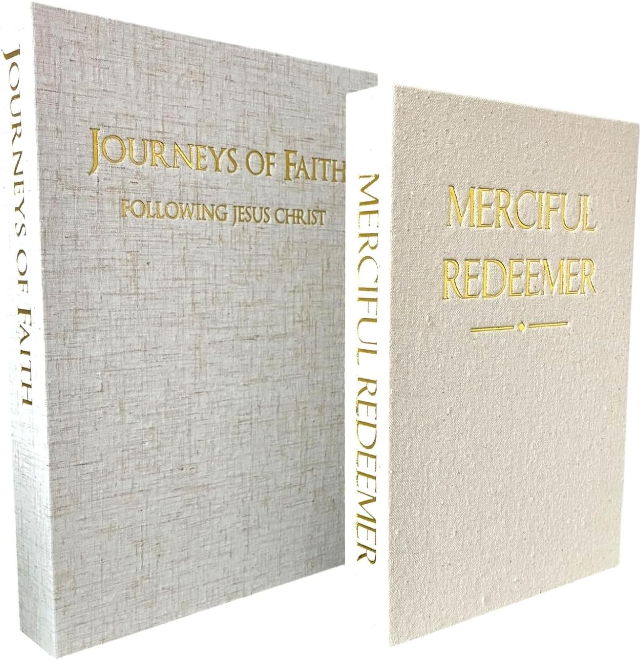 Decorative Books for Home Decor - Set of 2 Rustic Fake Faux Book Storage Boxes, Magnetic Closure, Scripture Inside, Linen Style Fabric Covers - Easter Christian Decor for Storage (Neutrals)