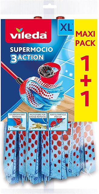 Vileda Supermocio 3Action XL Mop Head Replacement Set for Vileda SuperMocio Mops, Pack of 2 Refills