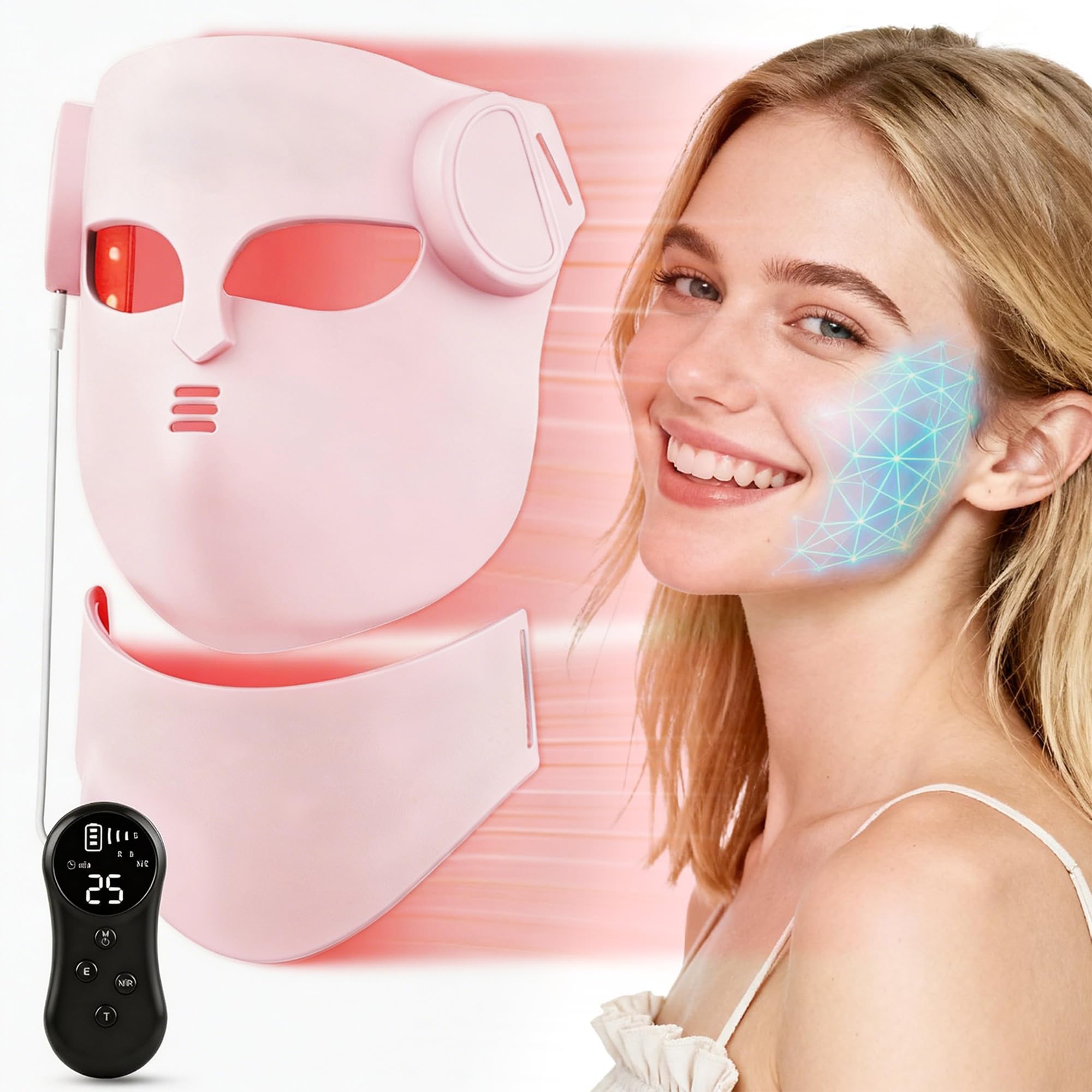 Elitzia LED-Lichttherapie-Maske Gesicht & Hals Infrarot Therapie Maske | 400 LED-Perlen, 8 Farben Licht, 3 Energiestufen, einstellbare Zeit, langer Akku, leicht, Hellt matte Haut auf Rosa