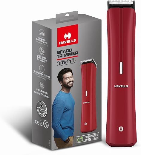 Havells Bt6111 Beard Trimmer, Skin Firendly Stainless Steel Blades 90 Mins Runtime Up To 13 Mm Length Settings 2 Years Gua...