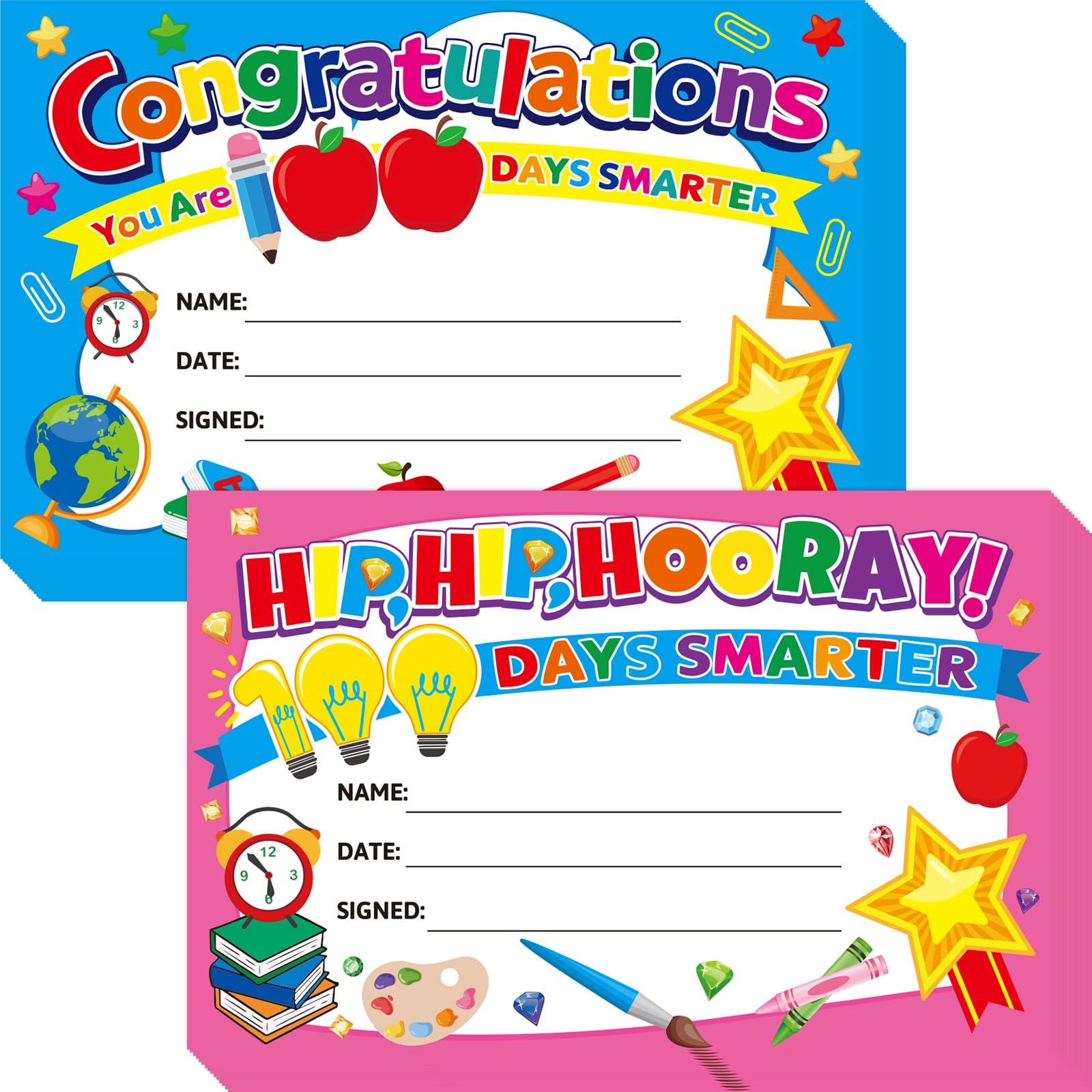 Treasure Cove 100th Day of School Award Certificates Kids 100 Days Smarter Certificate for Students Recognition Kindergarten Primary School Favors 30Pcs