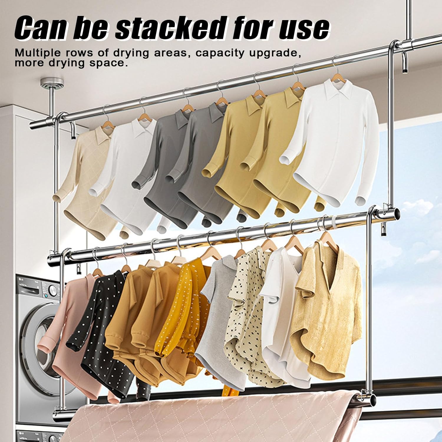 Foldable Clothes Drying Rack - Retractable Laundry Rack, Stackable for Indoor/Outdoor Use, Adjustable Length 31-55" for Balconies, Wardrobes, Drying Room