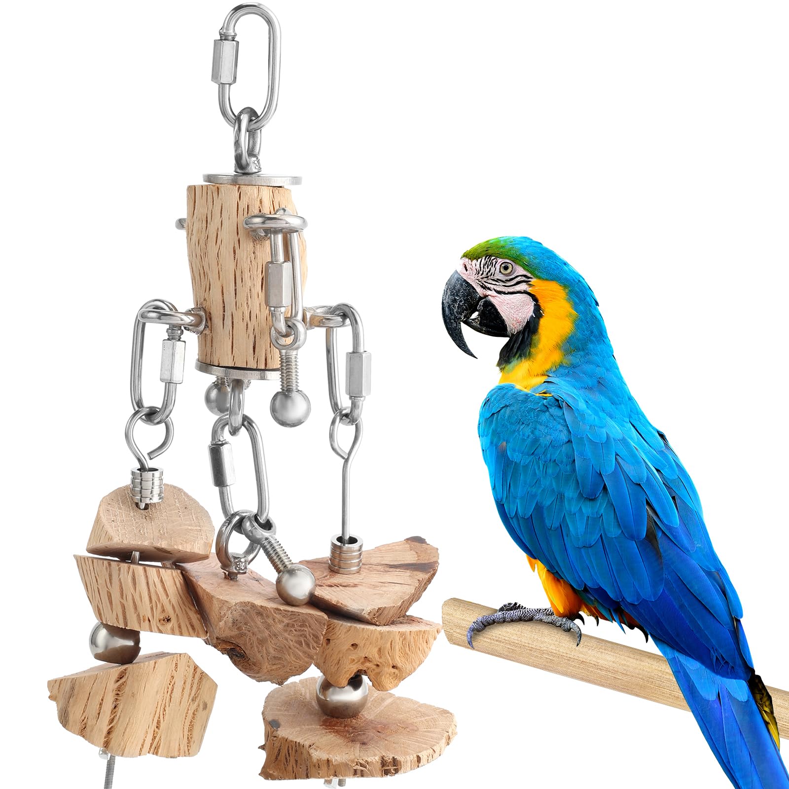 Lulu Buddy's Giocattolo da masticare in acciaio inossidabile e legno di pero selvatico che aumenta la gioia, gancio indistruttibile per ara, cacatua/grigi africani, gioco interattivo sicuro e pace