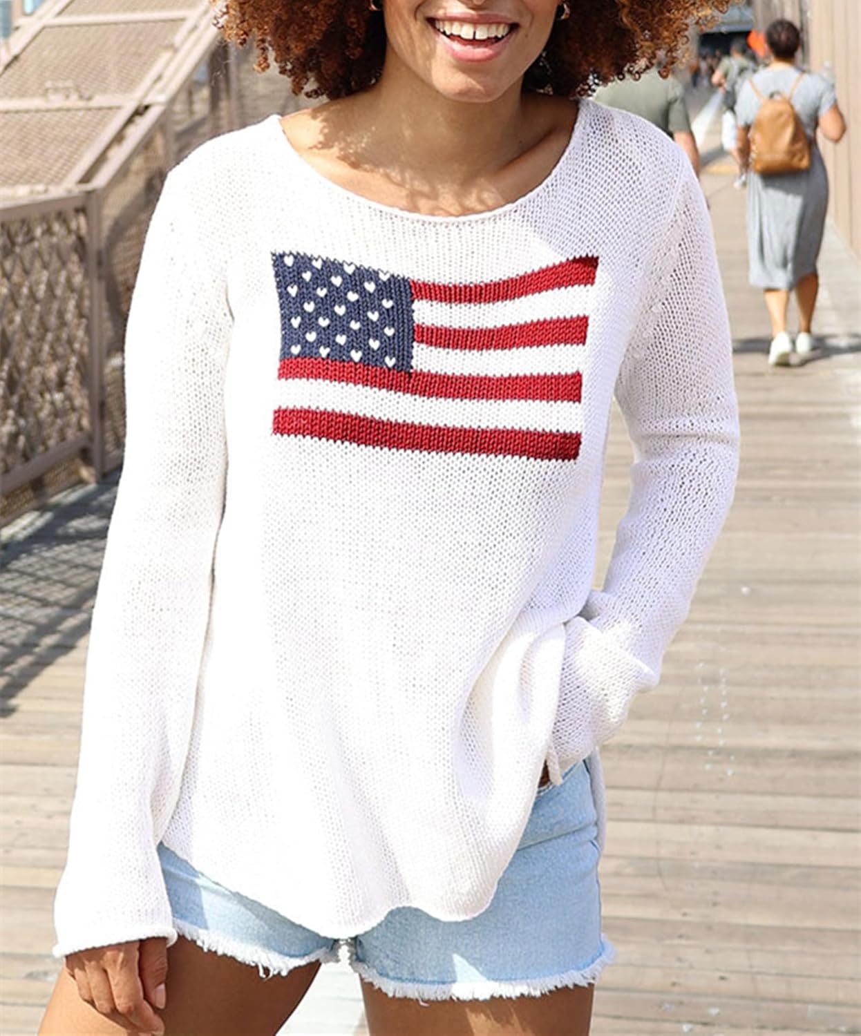 Women American Flag Sweater 4th of July Long Sleeve Crewneck USA Sweatshirt Vintage Hollow Out Knit Pullover Tops - Image 4