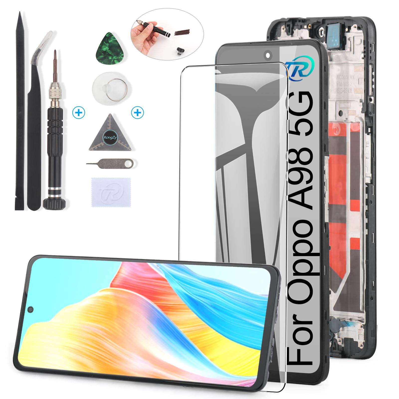 RongZy Pantalla para OPPO A98 5G Táctil LCD de Repuesto Ensamblaje Digitalizador Reemplazo para OPPO A98 CPH2529 con Herramientas de Reparación(Negro con Marco)