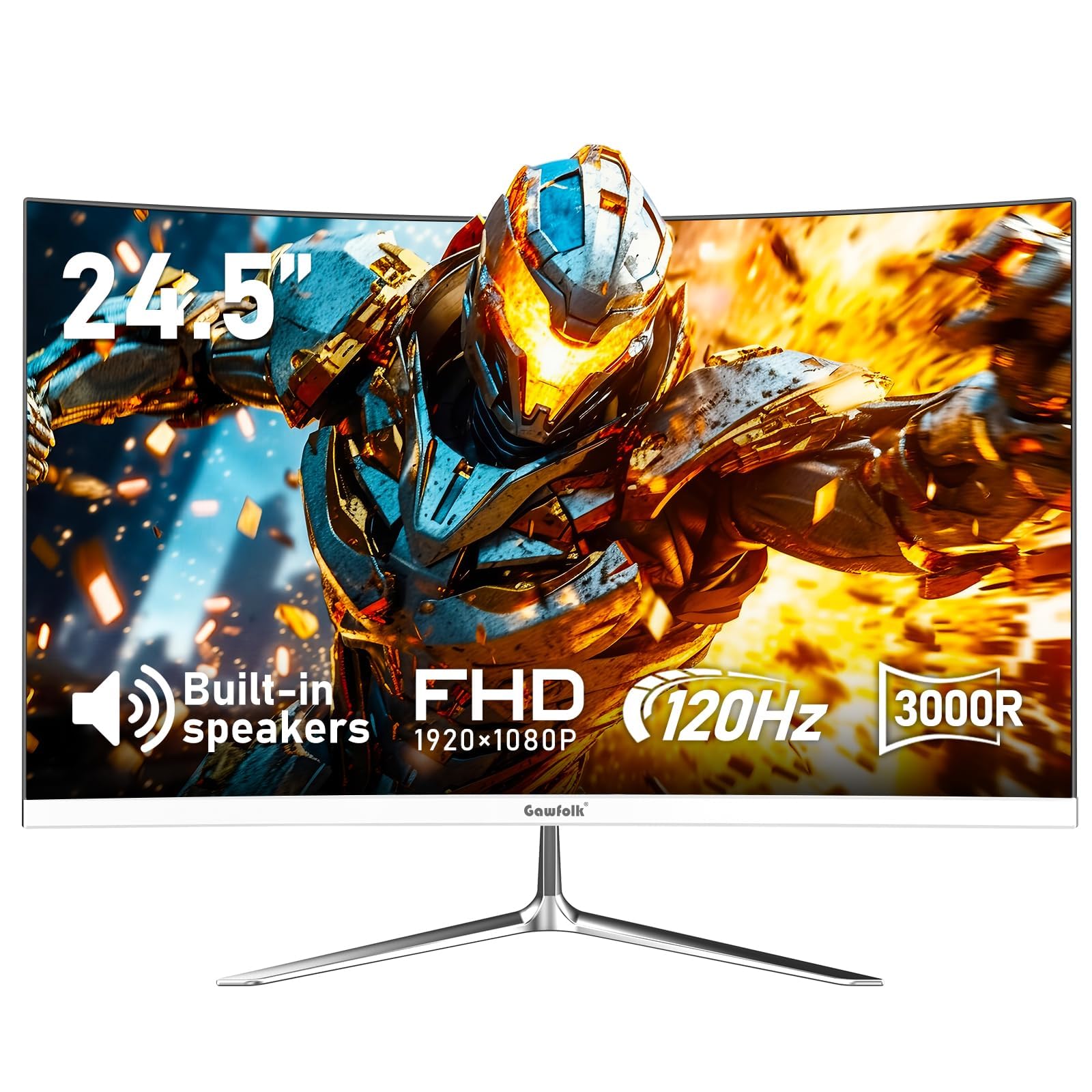 Gawfolk Monitor 24.5 Pollici 120Hz Gaming Curvo Schermo PC FHD (1080p) 1ms 100% sRGB HDMI/VGA Compatibile con Montaggio a Parete Bianco