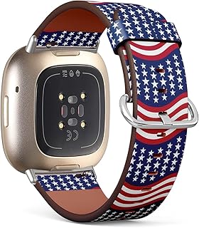 Compatible with Fitbit Fitbit Sense/Versa 3 Patterned Leather Replacement Band (Patriotic stars and stripes in traditional american colors-1)