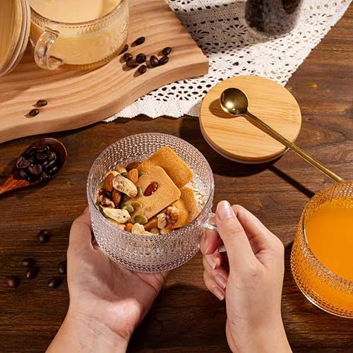 Miniatura 6 de Paquete de 6 tazas de café de vidrio vintage de 14 onzas, juego de tazas de té transparentes en relieve con tapas de bambú y cucharas doradas,