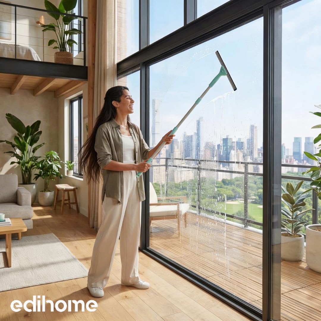 edihome, Lavavetri Telescopico Estensibile fino a 160 cm, Pulisci Vetri con 2 Teste e Panni in Microfibra, Tergivetro per Finestre, Doccia e Specchi, Uso Domestico (Set completo)