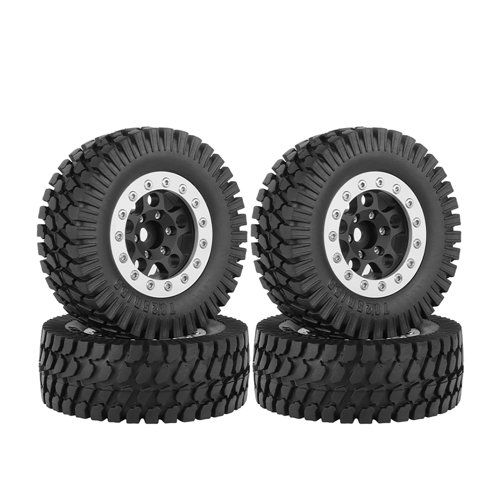 KINGCOO 4PCS 1.55Inch Aluminum Alloy Metal 5Spoke Beadlock Wheel Rims and Rubber Tires Set for 1/10 RC Rock Crawler Car for Axial AX90069 UTB18 D90 TF2 Tamiya Upgrade Parts (Black Silver, 76MM-B)