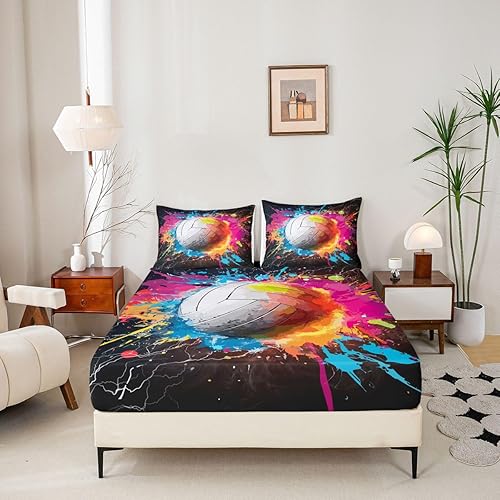 Miniatura 4 de Erosebridal Juego de sábanas de voleibol para niños, adolescentes, niñas, niños, juego de sábanas de voleibol, tamaño matrimonial, estilo grunge,