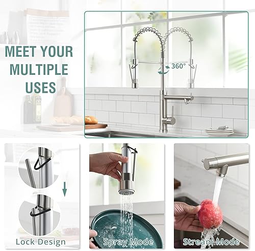 Miniatura 51 de Fapully Grifos de cocina con rociador extraíble, grifo comercial de fregadero de cocina de una sola manija con luz LED, níquel cepillado
