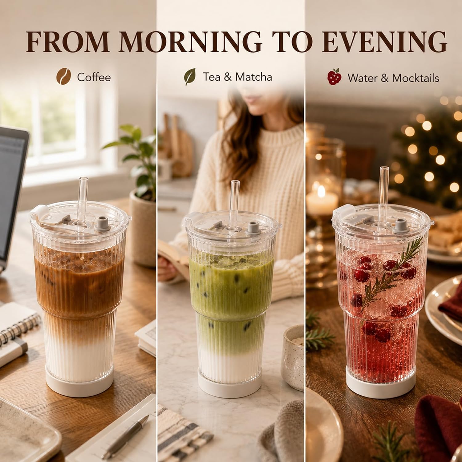 Dukars 20 oz Glass Iced Coffee Cups with Leakproof Lids and Tritan Straws